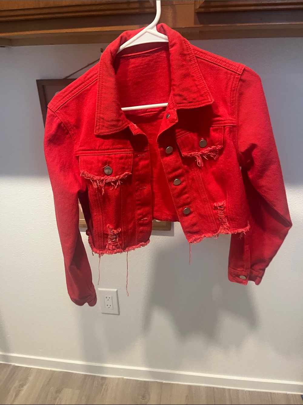 SHEIN Red Distressed Cropped Jean Jacket